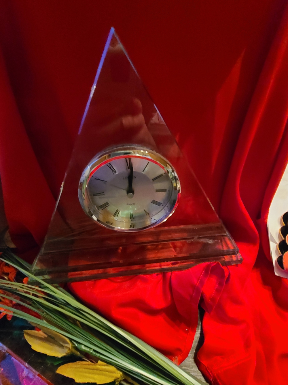 Vintage Clear Glass Triangle Clock with Silver Dial